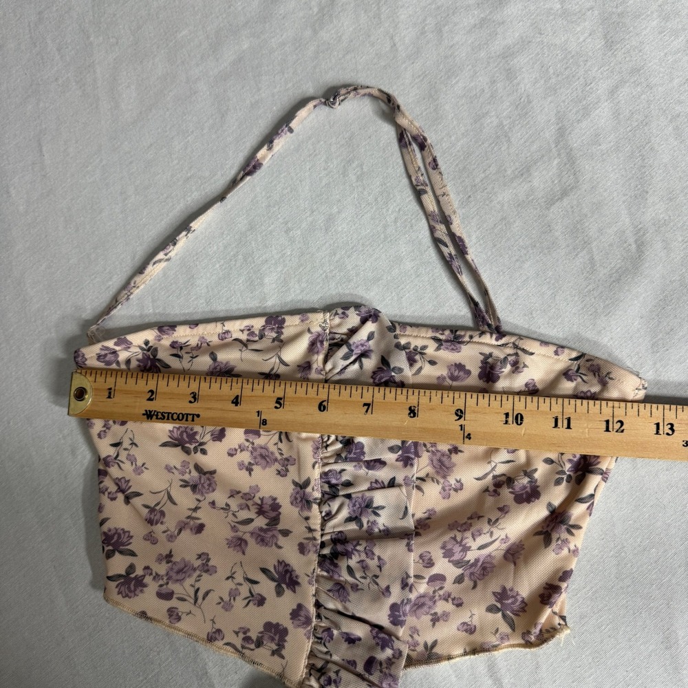 Dolls Kill New Pink Floral Halter Crop Top Cream Purple Ruffle Mesh Womens Small - Picture 4 of 8